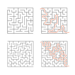 A set of square simple labyrinths. An interesting game for children. Simple flat vector illustration isolated on white background. With the answer.