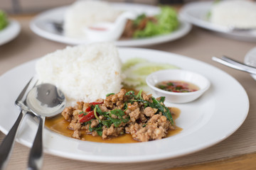 Spicy pork with chili fried in Thai style with rice on white plate