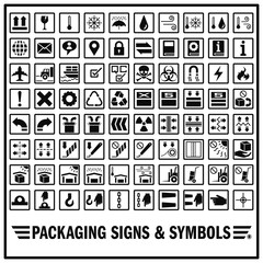 Set of packaging signs and symbols use for warning and giving information for safely cargo hadling. Cargo and goods indicating labels.