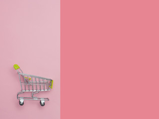 Collection of shopping cart  full of shopping time.Top view or flat lay composition cart on color...