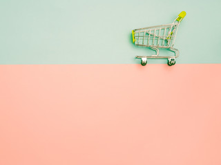Collection of shopping cart  full of shopping time.Top view or flat lay composition cart on color...