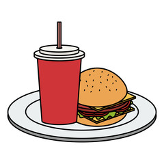dish with delicious burger and soda vector illustration design