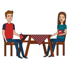 Fototapeta premium picnic table with couple characters vector illustration design