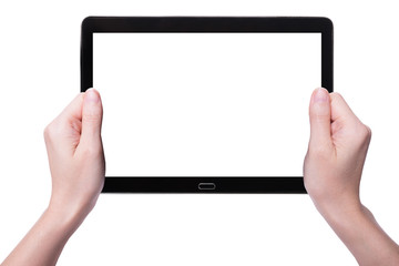 White tablet in woman's hands isolated on white in horizontal mode