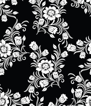 Seamless black and white vector floral pattern