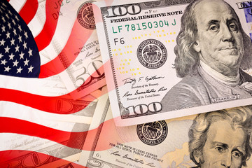 American flag and banknotes (USD) currency money