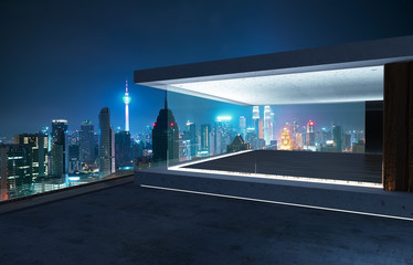 Obraz premium Empty glass wall balcony with city skyline view . Night scene . Mixed media .