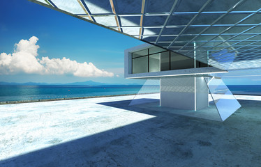 Obraz premium Closeup and perspective view of empty cement floor with modern steel and glass building exterior . 3D rendering and real images mixed media .