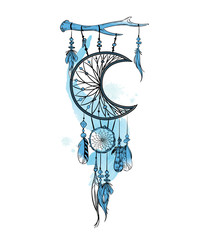 Vector illustration with hand drawn dream catcher and watercolor stains. Feathers and beads.