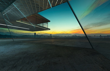 Perspective view of empty cement floor with steel and glass facade modern building exterior . 3D rendering and real images mixed media .