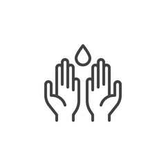 Hands and water drop outline icon. linear style sign for mobile concept and web design. Water care simple line vector icon. Symbol, logo illustration. Pixel perfect vector graphics