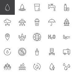 Water outline icons set. linear style symbols collection, line signs pack. vector graphics. Set includes icons as rain drop, umbrella, glass, faucet, bottle, cloud, shower, bucket hydrant location