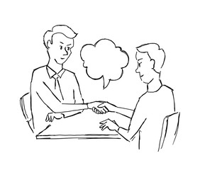 Sketch contract handshake people at the table agreement deal. Two businessman business at work table agreed. Hand drawn vector illustration.