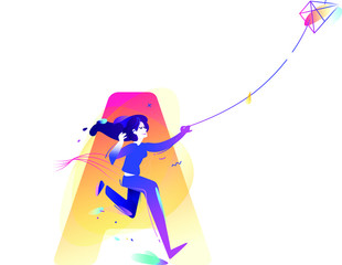 The girl is launching a kite. Start a new project, start-up. Character of a business lady. Vector illustration in a flat style. Illustration for web banner, poster and print. Company character.
