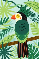 Naklejka premium parrot on branch among tropical plants- vector illustration, eps