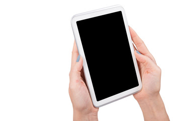 Woman hand using mock up digital tablet isolated clipping patch