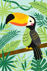 Naklejka premium toucan on branch among tropical plants - vector illustration, eps 