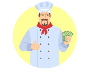 Chef with cash money showing thumb up