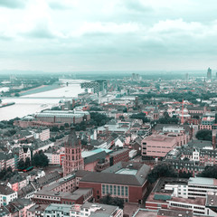 Aerial view of Cologne from the viewpoint of Cologne Cathedral. Panorama of the city. Germany