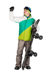 Full length portrait of young man in sportswear with snowboard isolated on a white background. Sport and people concept.