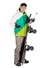 Full length portrait of young man in sportswear with snowboard isolated on a white background. Sport and people concept.