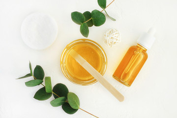 Homemade skin care and beauty treatment preparation with natural cosmetics honey and eucalyptus...