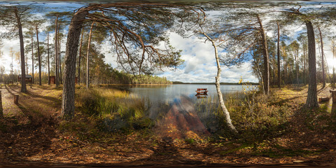 Lake in the forest with a bench. Full 360 degree panorama