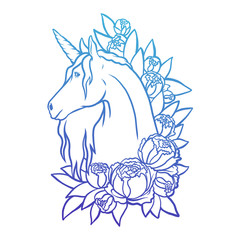 Magical cute unicorn illustration, cartoon fantasy animal. Coloring card and shirt art for girl isolated on white. Dream symbol. Design for children