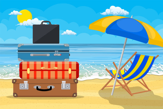 Baggage, luggage, suitcases on tropical background