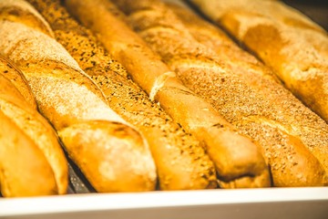 Fresh baguettes on the shelf