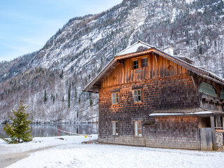 Wooden Chair outdoor in national park and moutain background winter season snow 