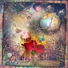Foto auf Acrylglas Sammlungen Das geheime Königreich. Feen- und Zauberwald mit rotem Hibiskus, fantastischen Blumen und Schmetterlingen