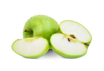 whole and half green apple or granny smith apple with drop of water isloated on white background