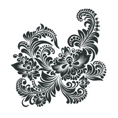 black and white floral ornament in folk style 