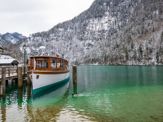 landscape blue green lake moutain Passenger boat on the Koenigssee near Berchtesgaden, Bavaria, Germany