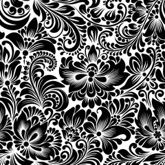 seamless black pattern with flowers in folk style