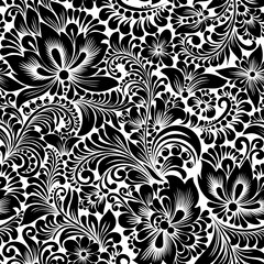 seamless black pattern with flowers in folk style