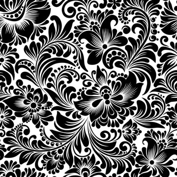 seamless black pattern with flowers in folk style