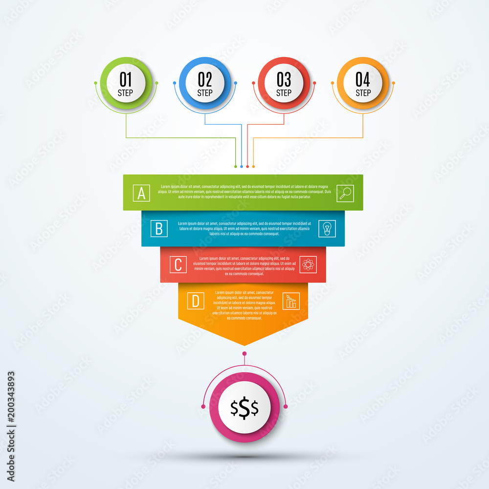 Poster Abstract vector infographics. Business data visualization. Template for presentation. Sales funnel 3d illustration.