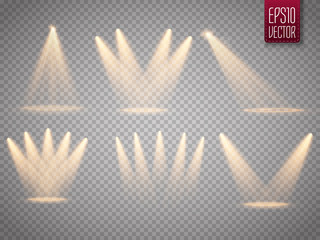Set of isolated spotlights. Sun rays with beams isolated on transparent background. Sun flash. Vector illustration