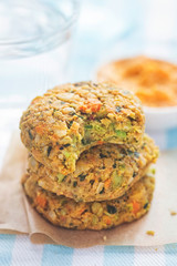 Vegan vegetable cookies. Carrot & pumpkin  seed veggie bites with carrot & cannelloni bean houmous