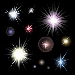 Set of bright glowing colorful stars burst on black background. Glitter suns effect decoration with ray sparkles for your design. Abstract night sky objects. Vector illustration