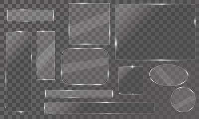 Glass plates set. Vector glass banners on transparent background. Glass mirror, transparent.