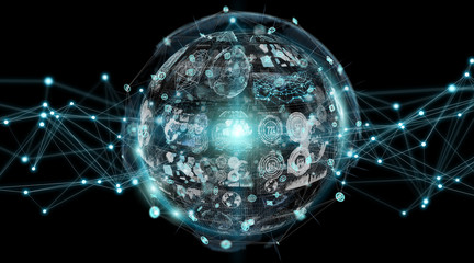 Digital sphere and holograms datas 3D rendering