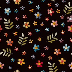 Embroidery seamless pattern with small flowers and leaves on black background. Stylish design for fabric, textile, wrapping paper, print, cards. Vector illustration.