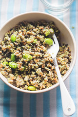 Super wholegrain bowl. Spelt, black lentils, couscous, edamame soybeans.