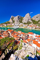 Town of Omis and Cetina river mouth panoramic view - obrazy, fototapety, plakaty