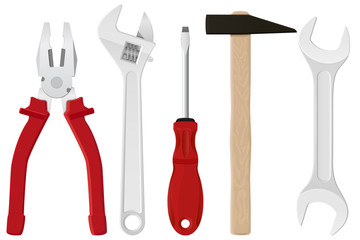 Industrial tools kit - pliers, adjustable wrench, screwdriver, hammer, spanner. Metal tools with red handles