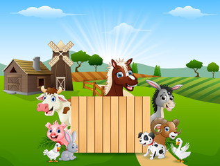 Obraz na płótnie Canvas Blank sign and happy farm animals 
