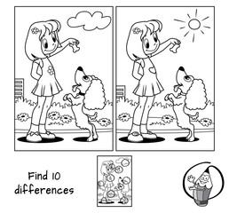 Little girl playing with a dog. Find 10 differences. Educational game for children. Black and white cartoon vector illustration